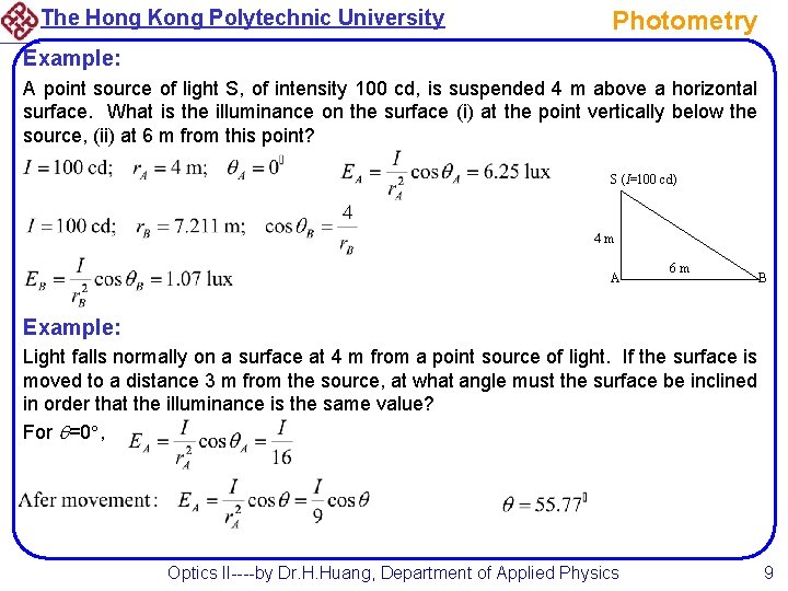 The Hong Kong Polytechnic University Photometry Example: A point source of light S, of