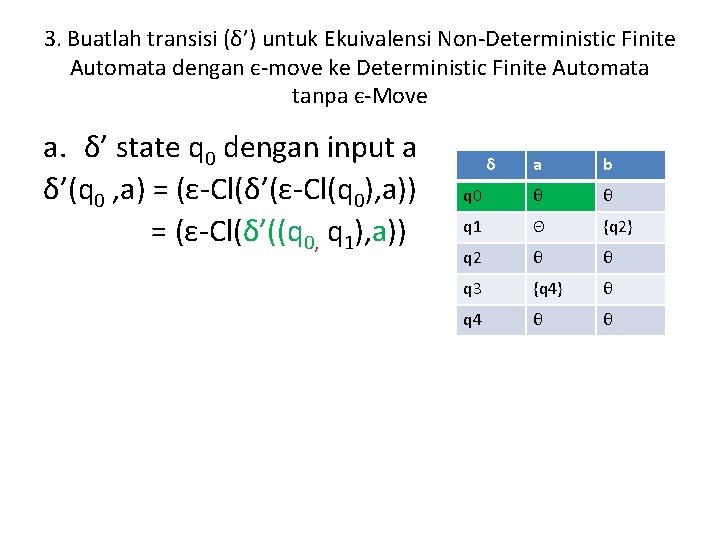 3. Buatlah transisi (δ’) untuk Ekuivalensi Non-Deterministic Finite Automata dengan є-move ke Deterministic Finite 3. Buatlah transisi (δ’) untuk Ekuivalensi Non-Deterministic Finite Automata dengan є-move ke Deterministic Finite