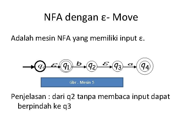 NFA dengan ε- Move Adalah mesin NFA yang memiliki input ε. Gbr. Mesin 5 NFA dengan ε- Move Adalah mesin NFA yang memiliki input ε. Gbr. Mesin 5