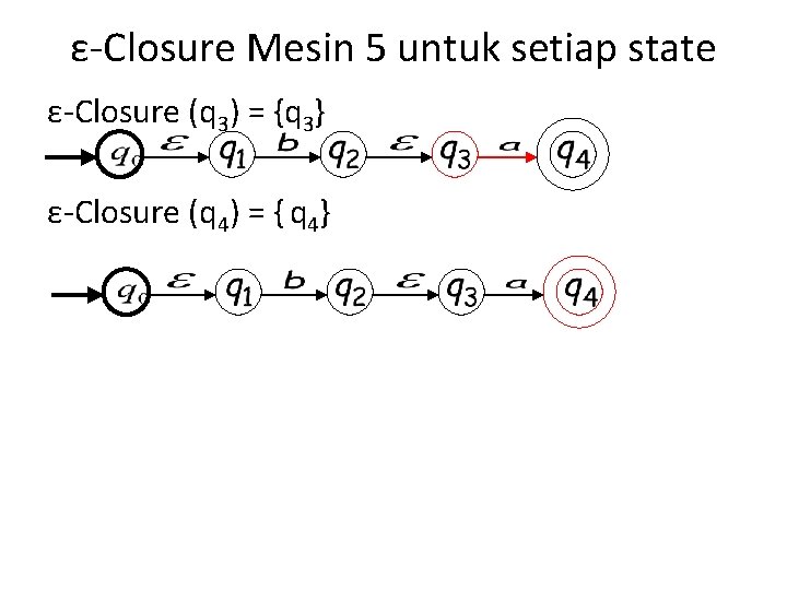 ε-Closure Mesin 5 untuk setiap state ε-Closure (q 3) = {q 3} ε-Closure (q ε-Closure Mesin 5 untuk setiap state ε-Closure (q 3) = {q 3} ε-Closure (q