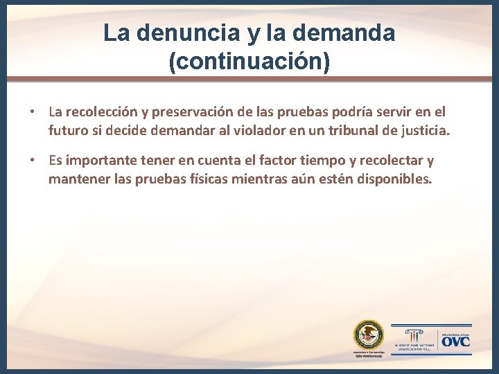 La denuncia y la demanda (continuación) • La recolección y preservación de las pruebas La denuncia y la demanda (continuación) • La recolección y preservación de las pruebas