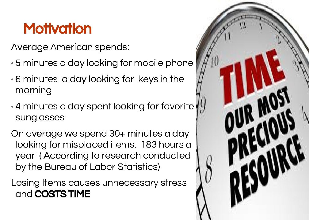 Motivation Average American spends: • 5 minutes a day looking for mobile phone •