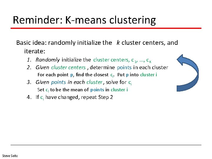 Reminder: K-means clustering Basic idea: randomly initialize the k cluster centers, and iterate: 1.