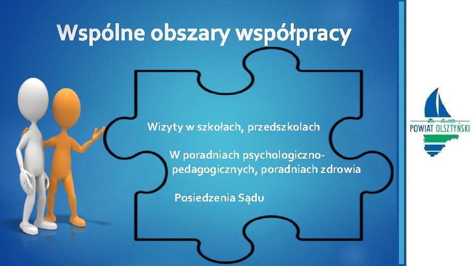 Wspólne obszary współpracy Wizyty w szkołach, przedszkolach W poradniach psychologicznopedagogicznych, poradniach zdrowia Posiedzenia Sądu