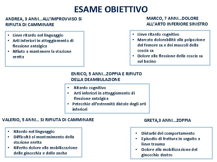 ESAME OBIETTIVO MARCO, 7 ANNI…DOLORE ALL’ARTO INFERIORE SINISTRO ANDREA, 3 ANNI…ALL’IMPROVVISO SI RIFIUTA DI