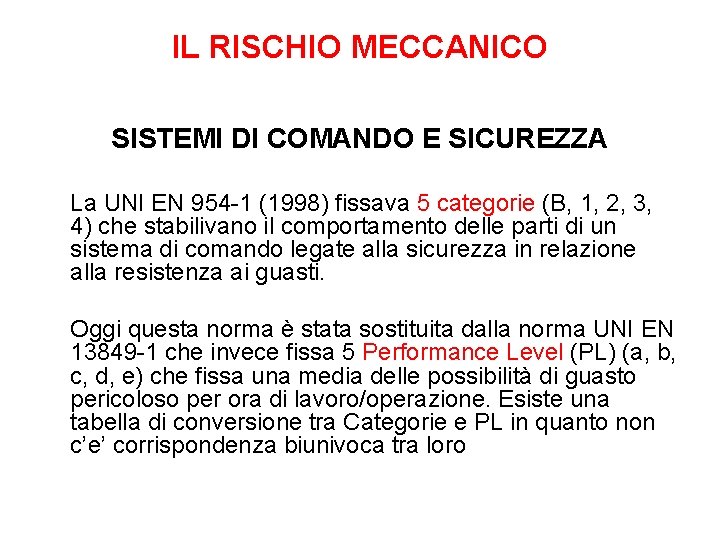 IL RISCHIO MECCANICO SISTEMI DI COMANDO E SICUREZZA La UNI EN 954 -1 (1998)