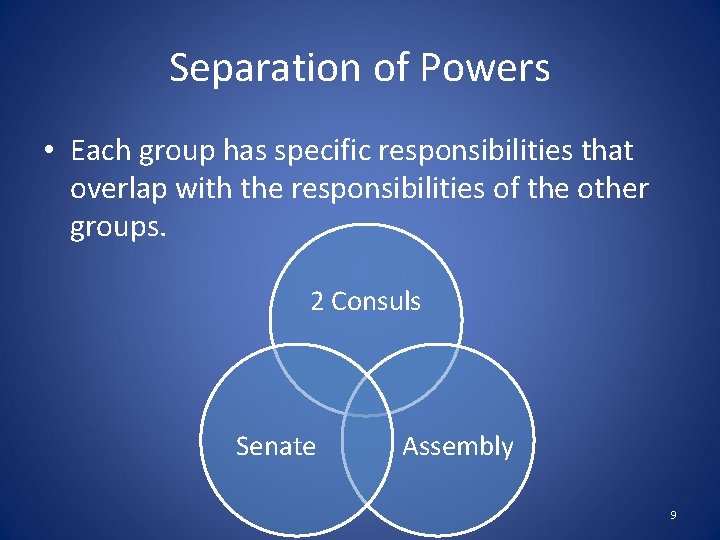 Separation of Powers • Each group has specific responsibilities that overlap with the responsibilities