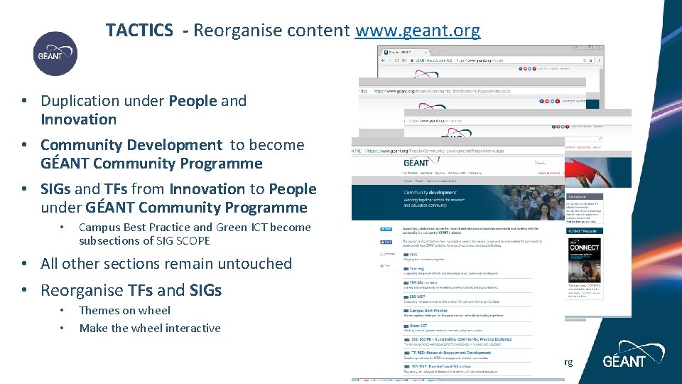 TACTICS - Reorganise content www. geant. org • Duplication under People and Innovation • TACTICS - Reorganise content www. geant. org • Duplication under People and Innovation •