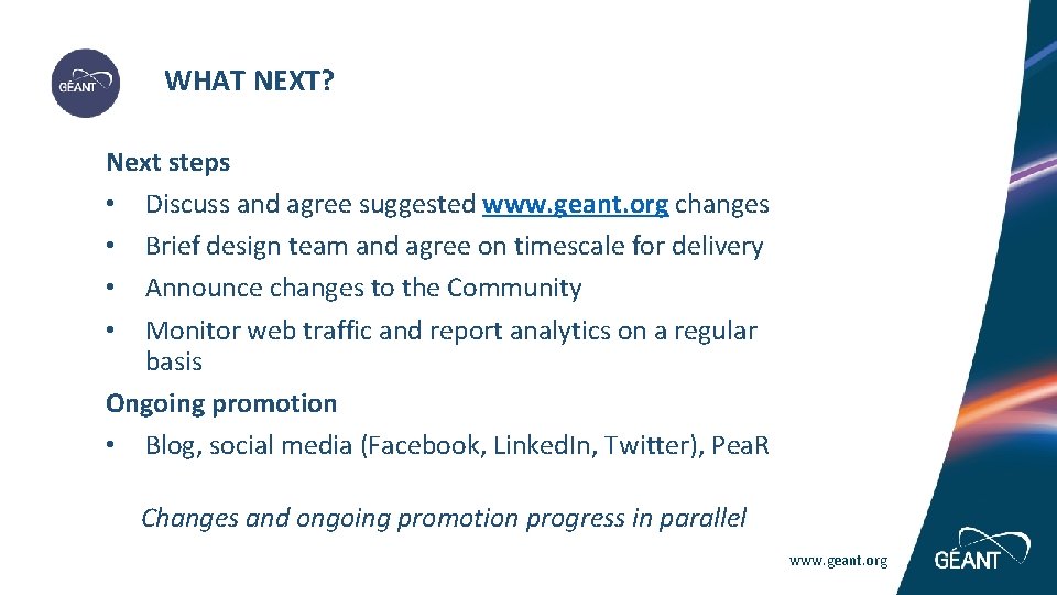 WHAT NEXT? Next steps • Discuss and agree suggested www. geant. org changes WHAT NEXT? Next steps • Discuss and agree suggested www. geant. org changes