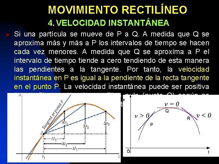 MOVIMIENTO RECTILÍNEO 4. VELOCIDAD INSTANTÁNEA n Si una partícula se mueve de P a