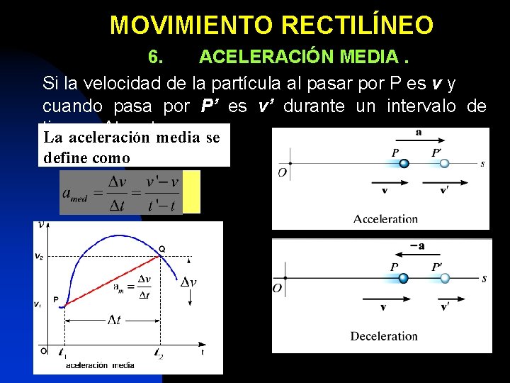 MOVIMIENTO RECTILÍNEO 6. ACELERACIÓN MEDIA. Si la velocidad de la partícula al pasar por