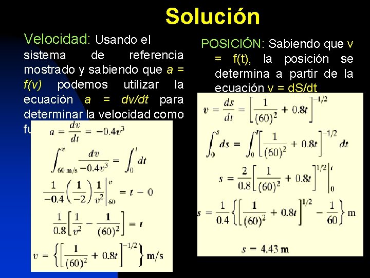 Solución Velocidad: Usando el sistema de referencia mostrado y sabiendo que a = f(v)