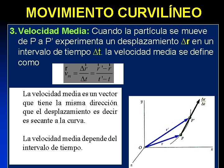 MOVIMIENTO CURVILÍNEO 3. Velocidad Media: Cuando la partícula se mueve de P a P’