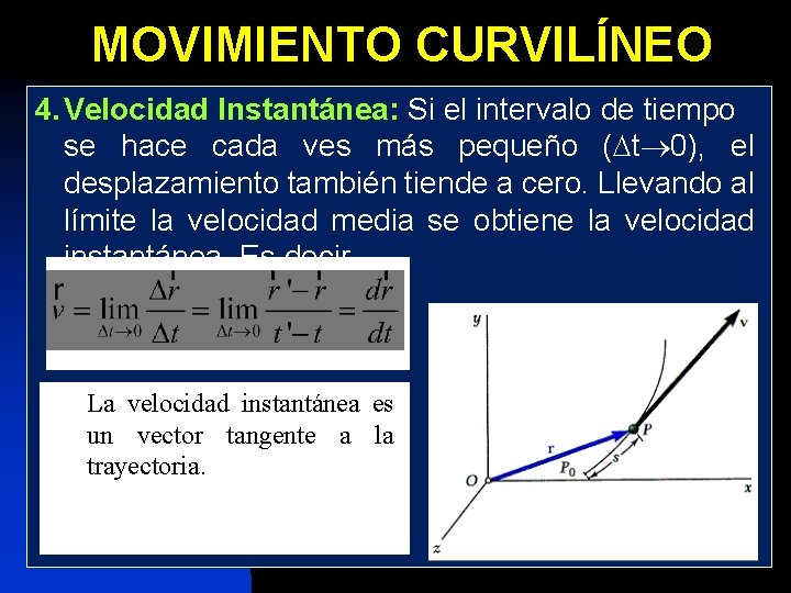 MOVIMIENTO CURVILÍNEO 4. Velocidad Instantánea: Si el intervalo de tiempo se hace cada ves