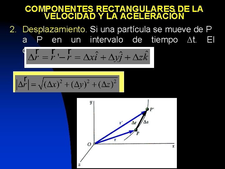 COMPONENTES RECTANGULARES DE LA VELOCIDAD Y LA ACELERACIÓN 2. Desplazamiento. Si una partícula se