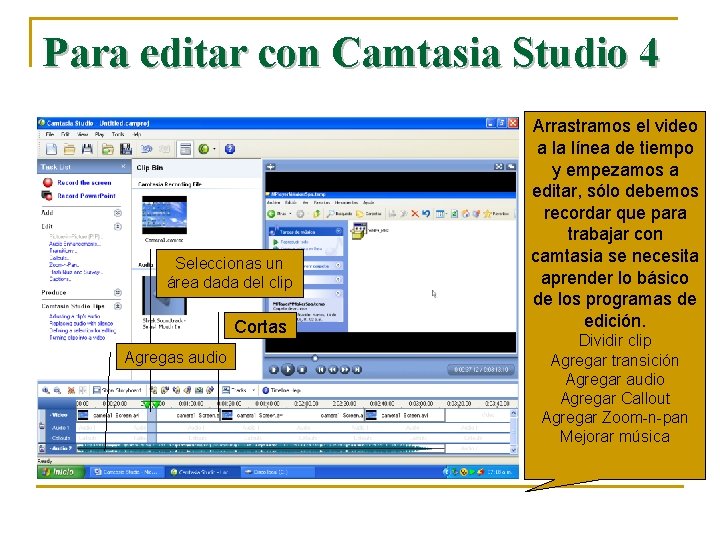 Para editar con Camtasia Studio 4 Seleccionas un área dada del clip Cortas Agregas