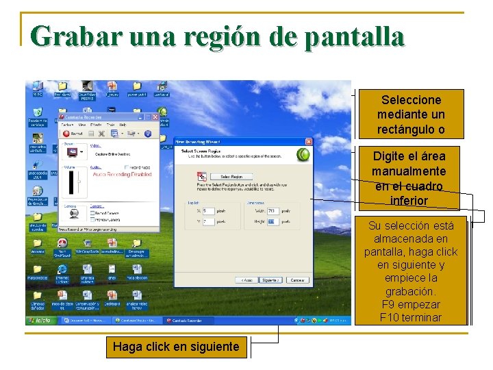 Grabar una región de pantalla Seleccione mediante un rectángulo o Digite el área manualmente