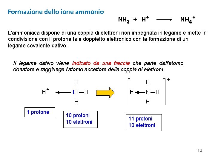 Formazione dello ione ammonio NH 3 + H+ NH 4+ L'ammoniaca dispone di una