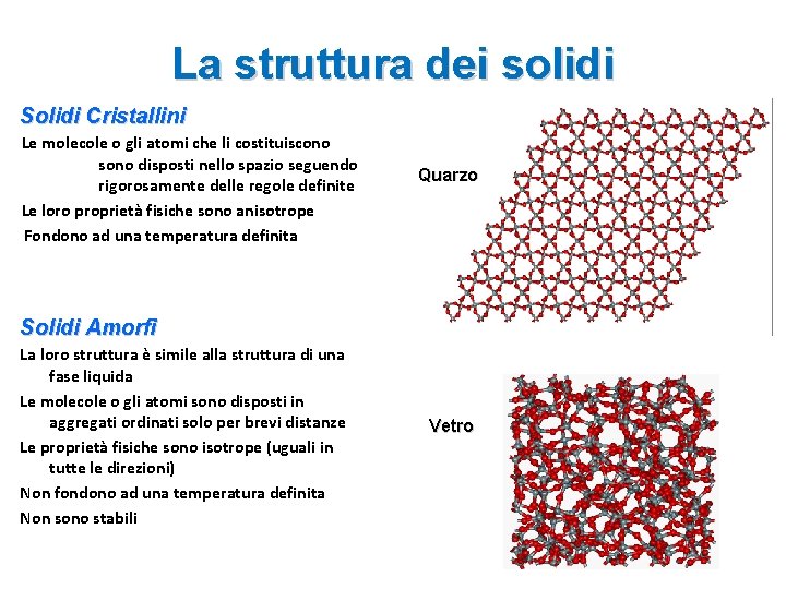 La struttura dei solidi Solidi Cristallini Le molecole o gli atomi che li costituiscono