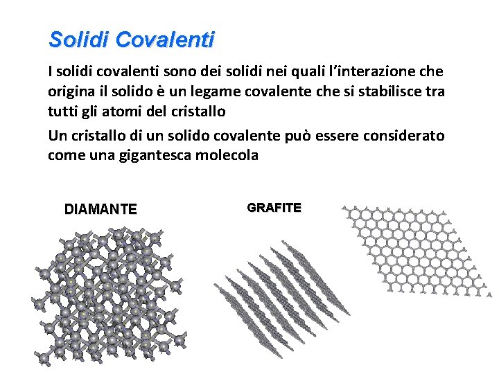 Solidi Covalenti I solidi covalenti sono dei solidi nei quali l’interazione che origina il