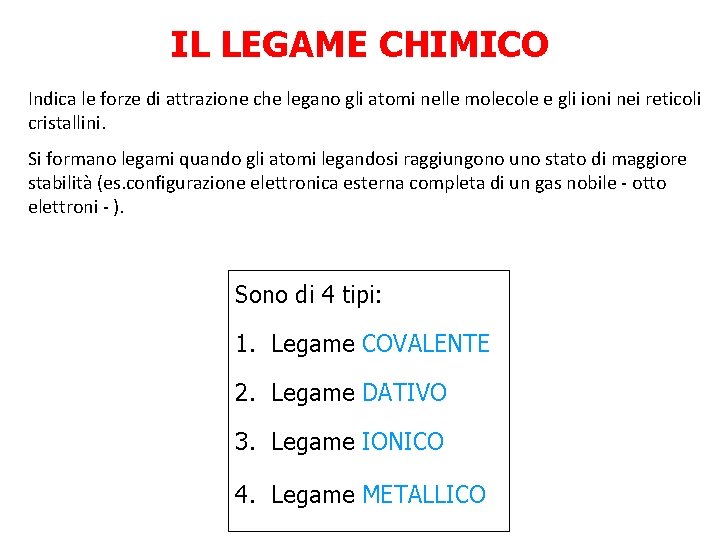 IL LEGAME CHIMICO Indica le forze di attrazione che legano gli atomi nelle molecole