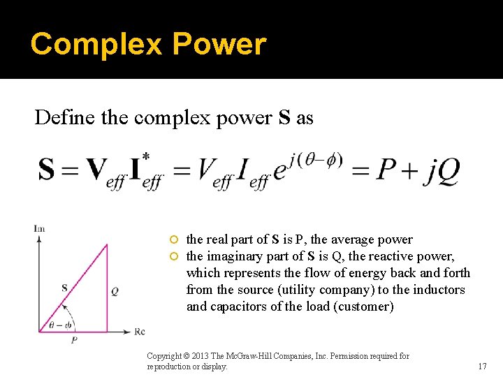 Complex Power Define the complex power S as the real part of S is