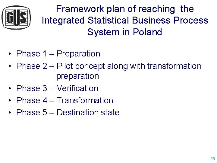 Framework plan of reaching the Integrated Statistical Business Process System in Poland • Phase Framework plan of reaching the Integrated Statistical Business Process System in Poland • Phase