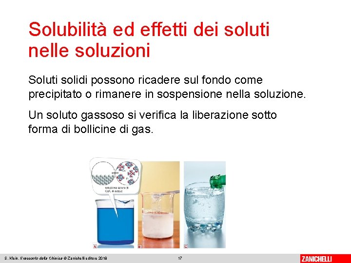 Solubilità ed effetti dei soluti nelle soluzioni Soluti solidi possono ricadere sul fondo come