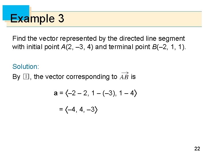 Example 3 Find the vector represented by the directed line segment with initial point Example 3 Find the vector represented by the directed line segment with initial point