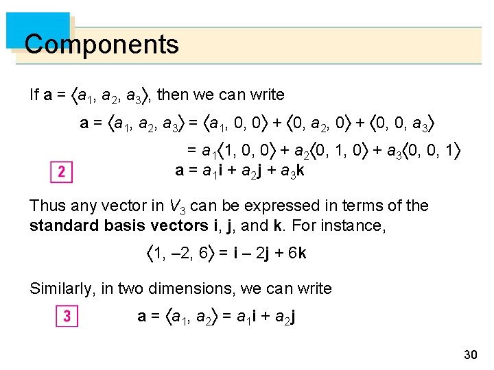 Components If a = a 1, a 2, a 3 , then we can Components If a = a 1, a 2, a 3 , then we can