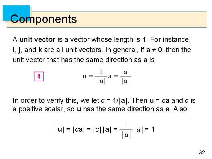 Components A unit vector is a vector whose length is 1. For instance, i, Components A unit vector is a vector whose length is 1. For instance, i,