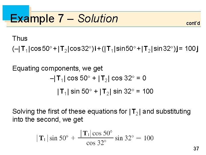 Example 7 – Solution cont’d Thus (–| T 1 | cos 50 + | Example 7 – Solution cont’d Thus (–| T 1 | cos 50 + |