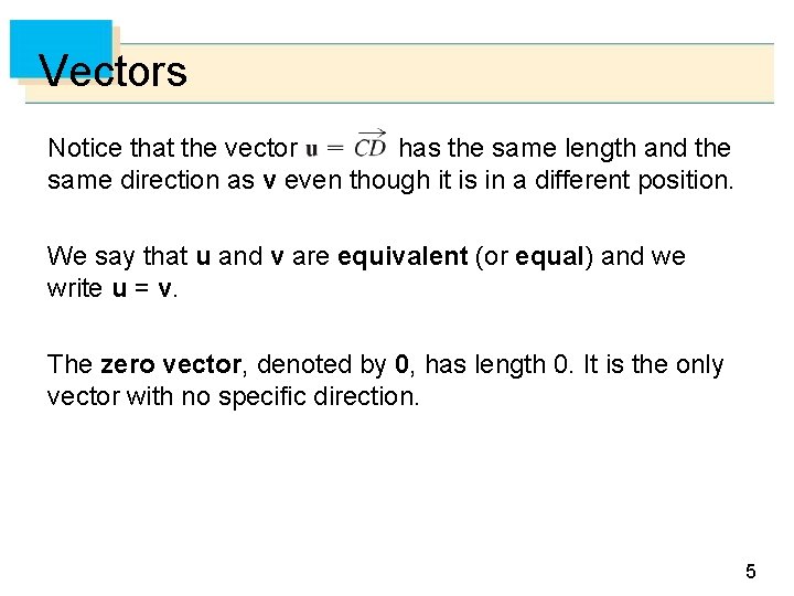 Vectors Notice that the vector has the same length and the same direction as Vectors Notice that the vector has the same length and the same direction as