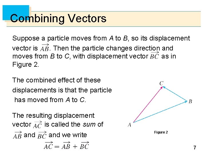Combining Vectors Suppose a particle moves from A to B, so its displacement vector Combining Vectors Suppose a particle moves from A to B, so its displacement vector