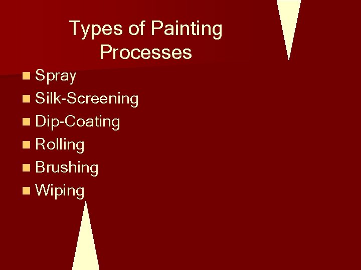 Types of Painting Processes n Spray n Silk-Screening n Dip-Coating n Rolling n Brushing