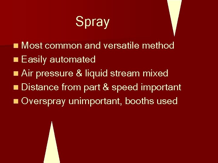 Spray n Most common and versatile method n Easily automated n Air pressure &
