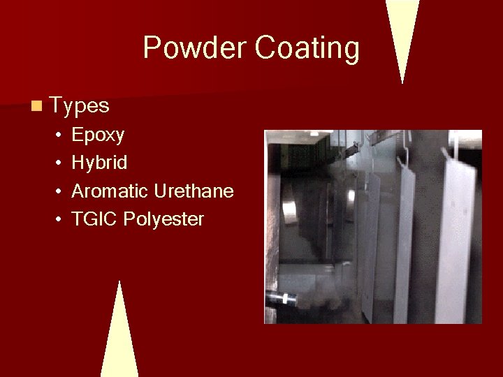 Powder Coating n Types • • Epoxy Hybrid Aromatic Urethane TGIC Polyester 