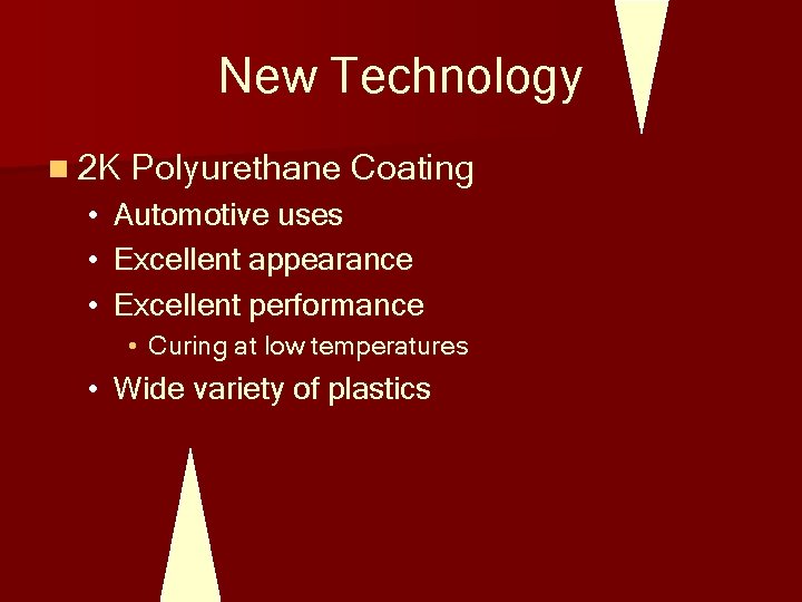 New Technology n 2 K Polyurethane Coating • Automotive uses • Excellent appearance •