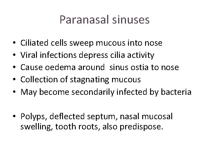 Paranasal sinuses • • • Ciliated cells sweep mucous into nose Viral infections depress Paranasal sinuses • • • Ciliated cells sweep mucous into nose Viral infections depress