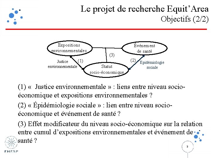  Le projet de recherche Equit’Area Objectifs (2/2) Expositions environnementales (1) Justice environnementale (3)