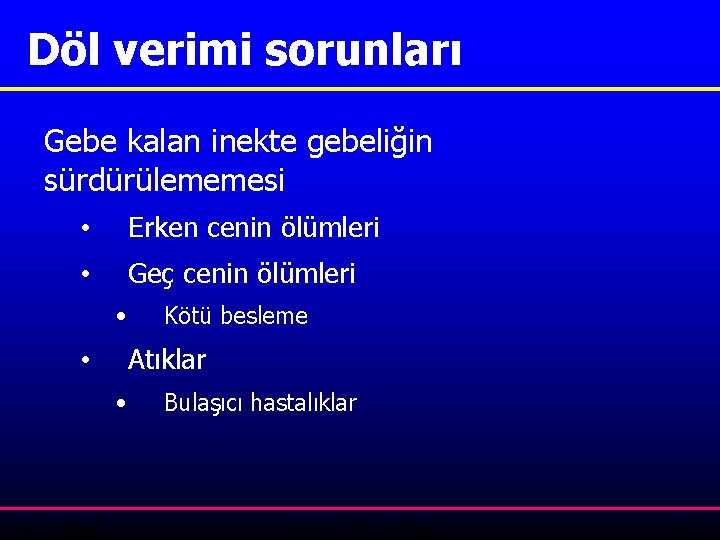 Döl verimi sorunları Gebe kalan inekte gebeliğin sürdürülememesi • Erken cenin ölümleri • Geç