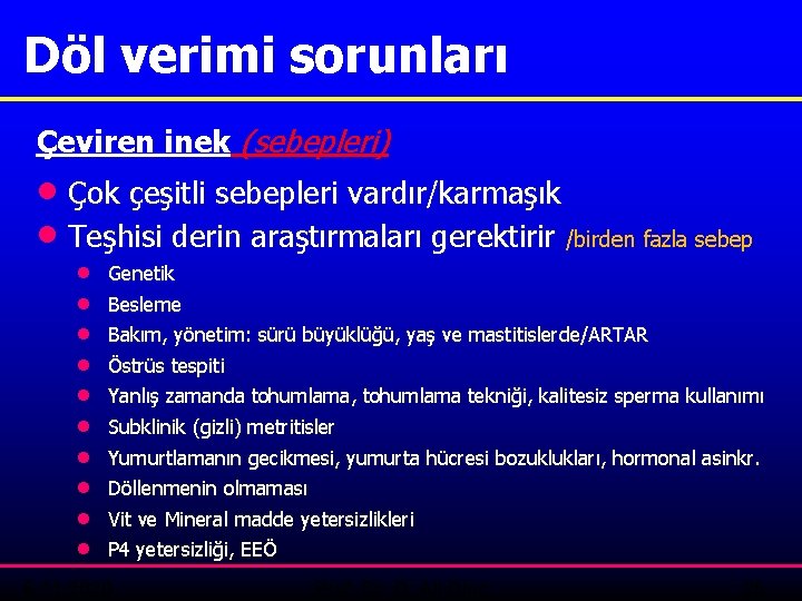 Döl verimi sorunları Çeviren inek (sebepleri) · Çok çeşitli sebepleri vardır/karmaşık · Teşhisi derin