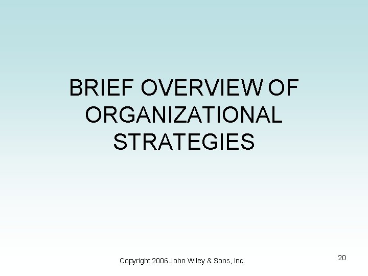 BRIEF OVERVIEW OF ORGANIZATIONAL STRATEGIES Copyright 2006 John Wiley & Sons, Inc. 20 BRIEF OVERVIEW OF ORGANIZATIONAL STRATEGIES Copyright 2006 John Wiley & Sons, Inc. 20