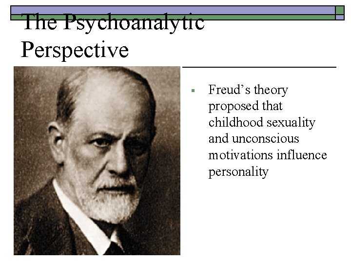 The Psychoanalytic Perspective § Freud’s theory proposed that childhood sexuality and unconscious motivations influence