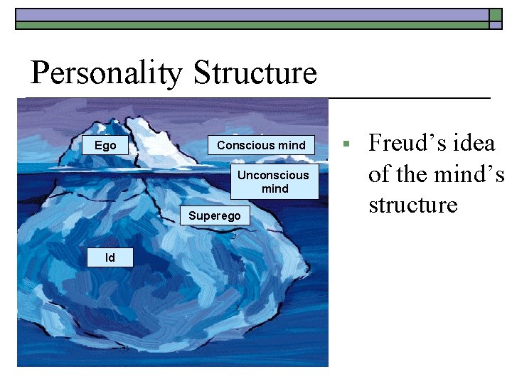 Personality Structure Ego Conscious mind Unconscious mind Superego Id § Freud’s idea of the