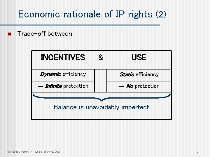 Economic rationale of IP rights (2) n Trade-off between INCENTIVES & USE Dynamic efficiency
