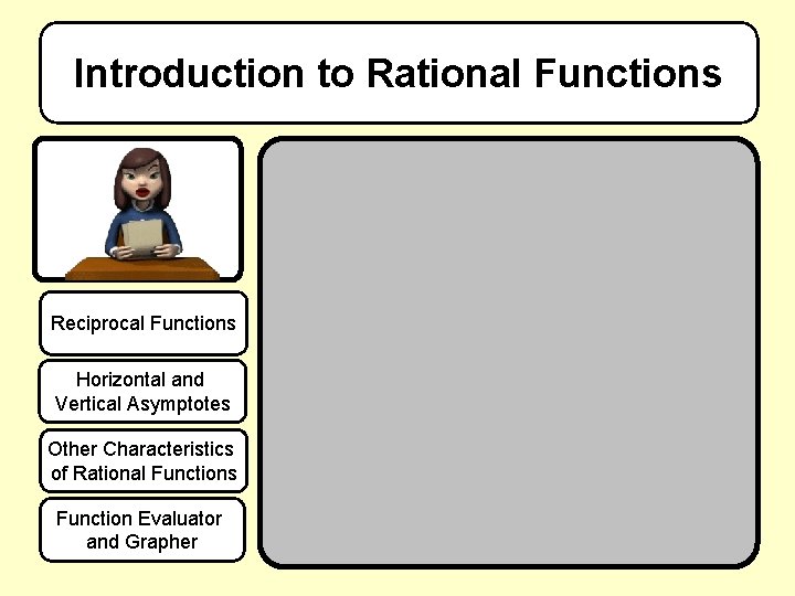 Introduction to Rational Functions Reciprocal Functions Horizontal and Vertical Asymptotes Other Characteristics of Rational