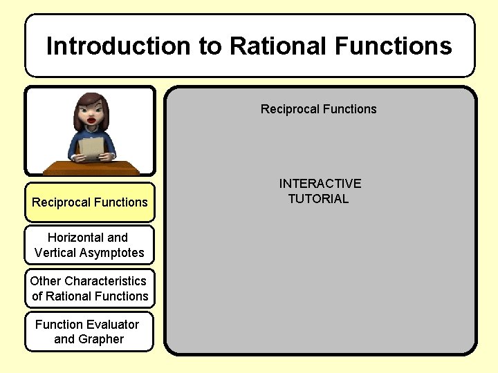 Introduction to Rational Functions Reciprocal Functions Horizontal and Vertical Asymptotes Other Characteristics of Rational