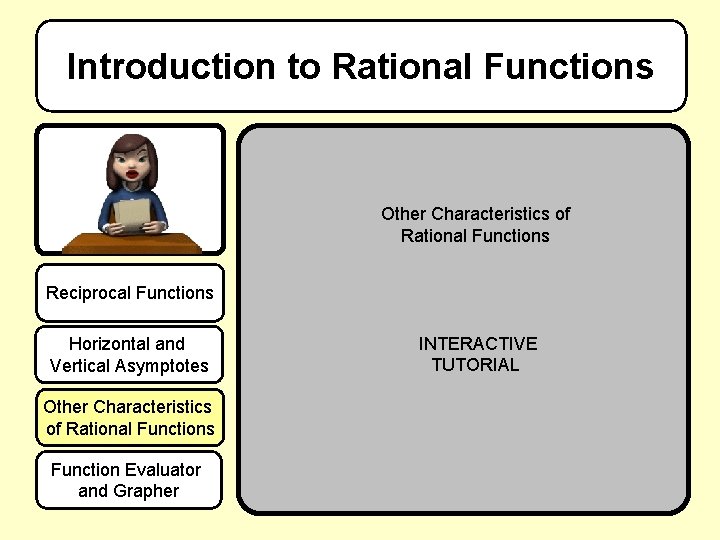 Introduction to Rational Functions Other Characteristics of Rational Functions Reciprocal Functions Horizontal and Vertical