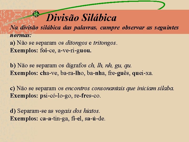 Divisão Silábica Na divisão silábica das palavras, cumpre observar as seguintes normas: a) Não